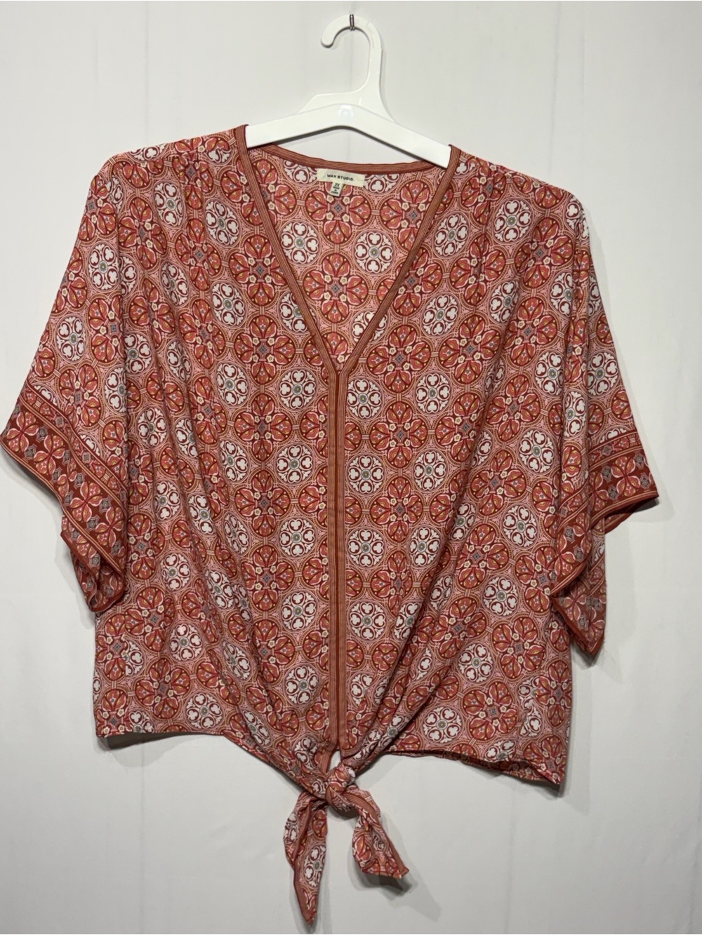 Max Studio Plus Size Lightweight Tie-Front Top in Rust Medallion Print